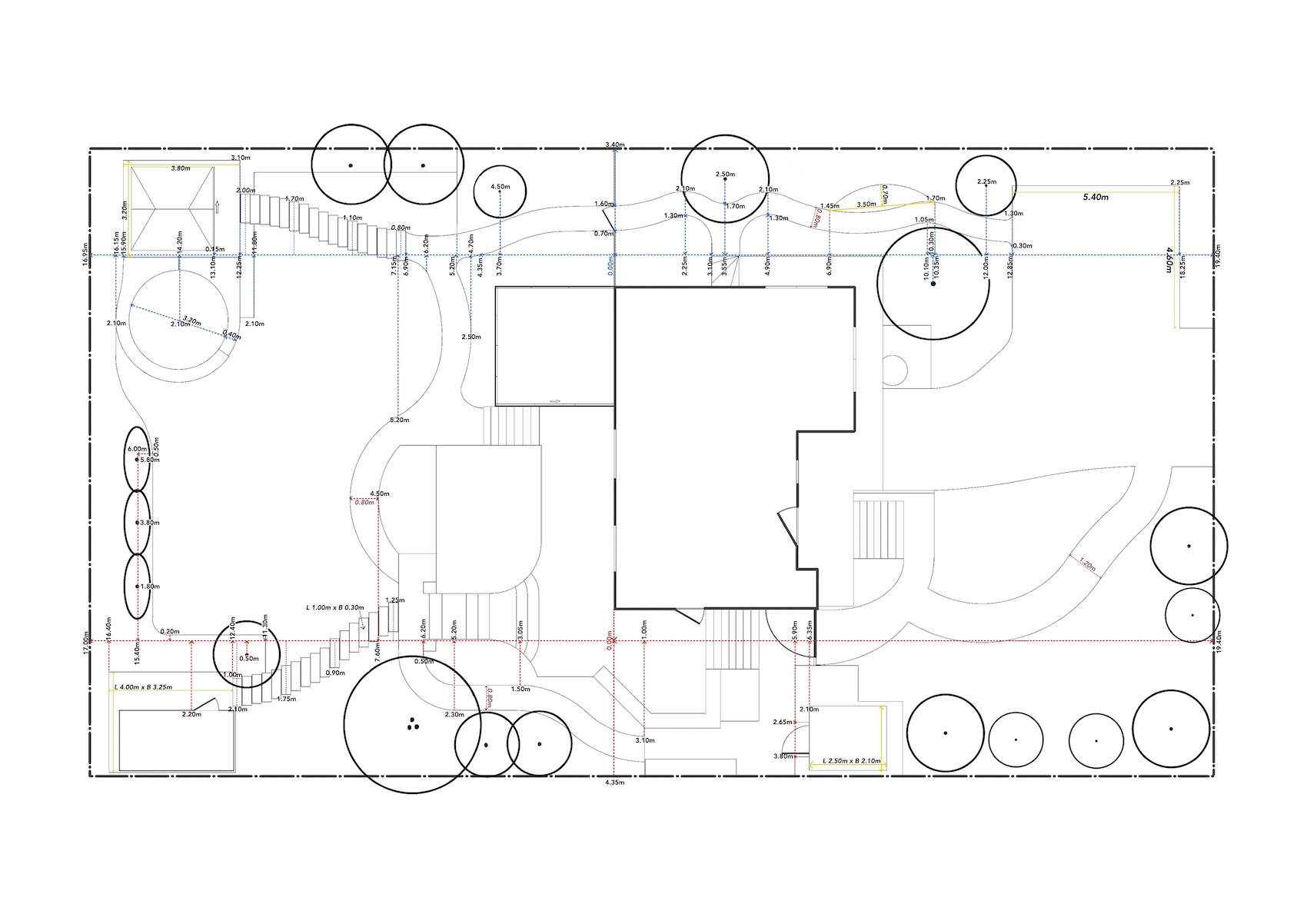 Technische tekening van ruime, moderne en verrassende tuin in Schijf